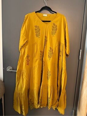 Mustard Tiered 100% Cotton Midi Dress